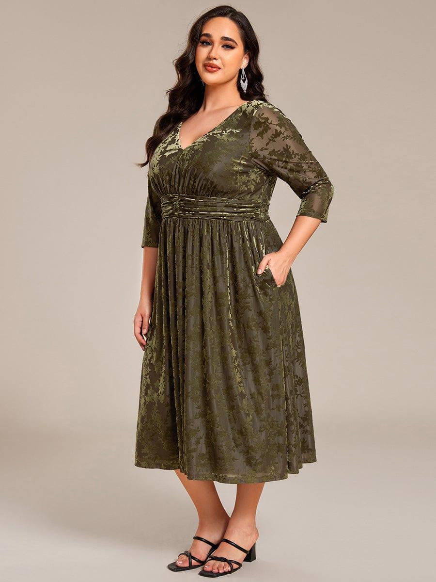 ever NYRA|3/4 Sleeve V Neck A-Line Velvet Jacquard Midi Length Wedding Guest Dress - Image 30