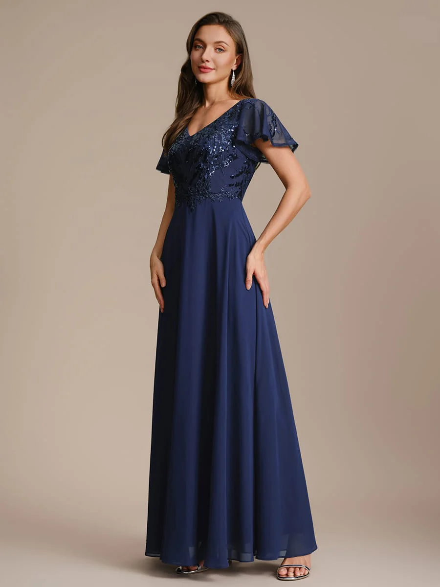 Applique Sequin Ruffle Sleeve Dress - Image 4