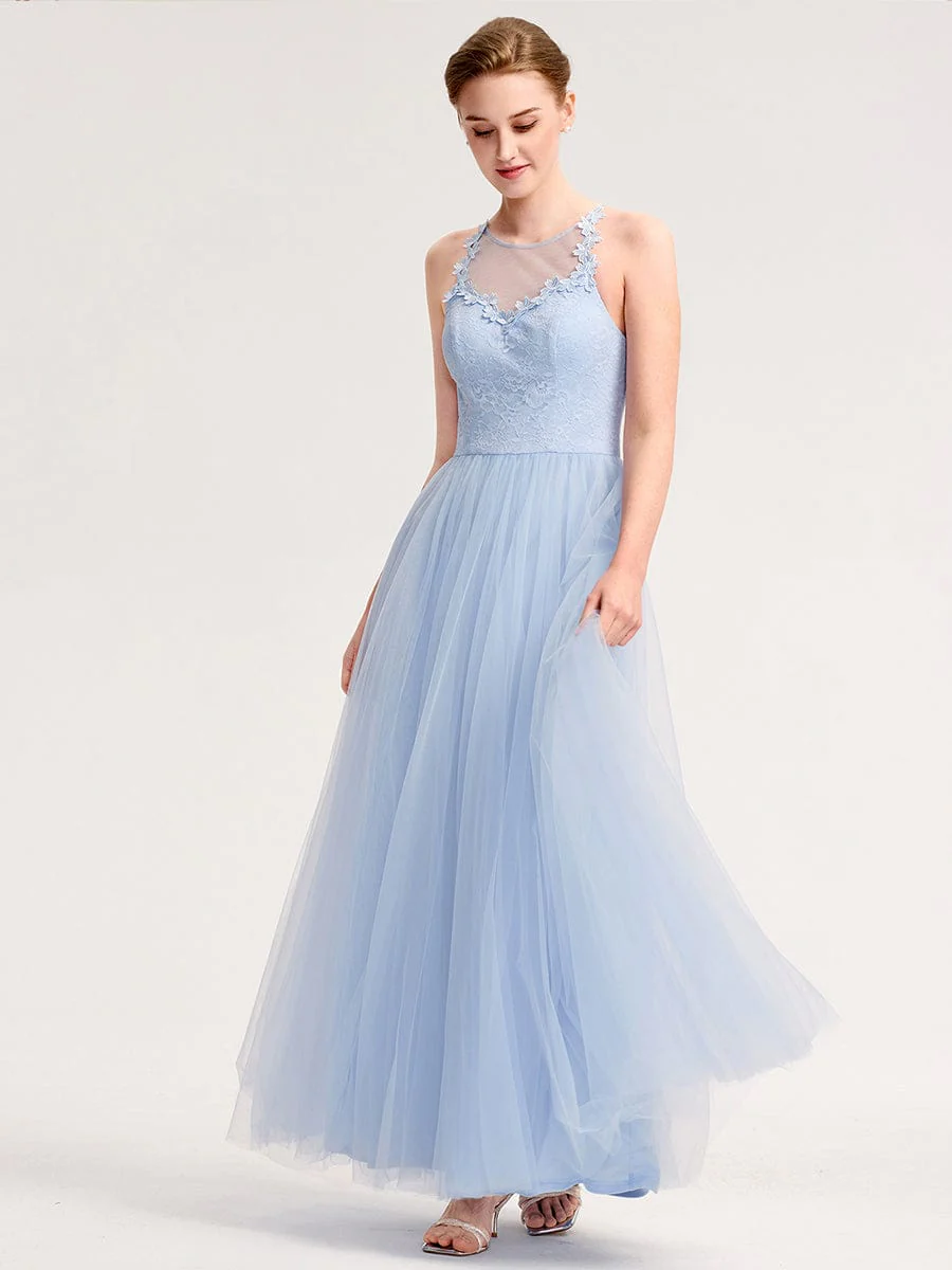 Applique Sleeveless Tulle Bridesmaid Dress - Image 4