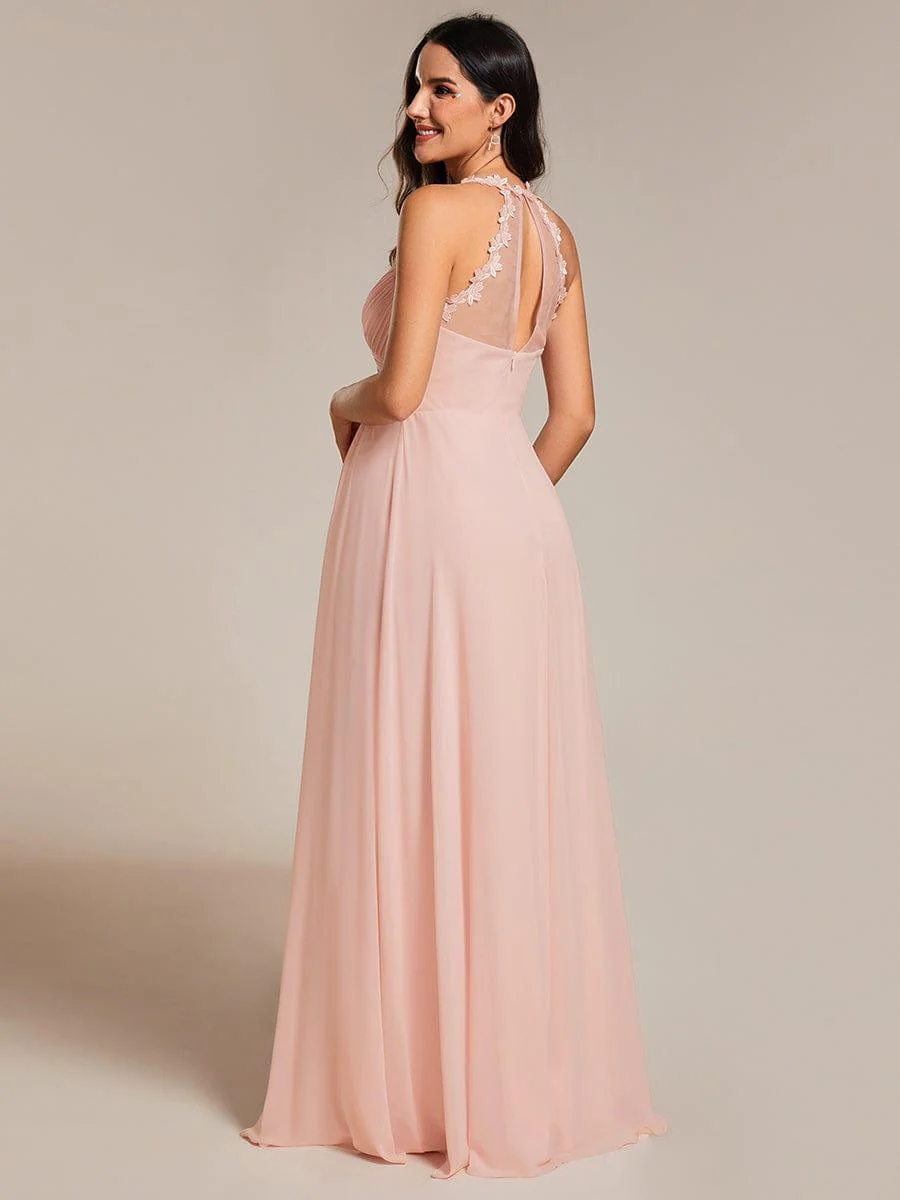 Backless Floral Halter Neck Pleated Maxi Dress with V-Neck in Pink - Image 2