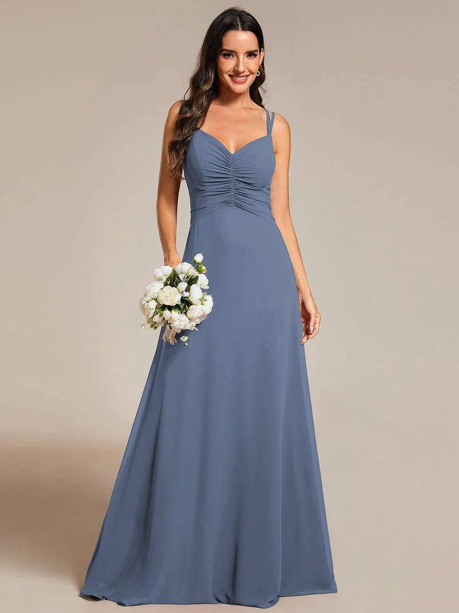Chic Adjustable Straps Pleated Bridesmaid Dress with V-Neck - Image 36