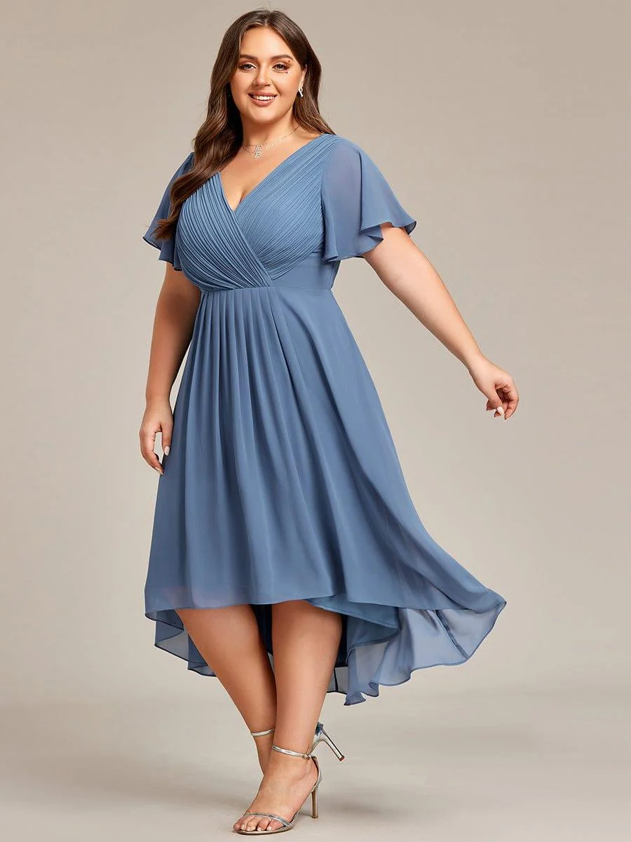 ever FAYE|Chiffon Pleated V Neck High-Low Bridesmaid Dress - Image 44