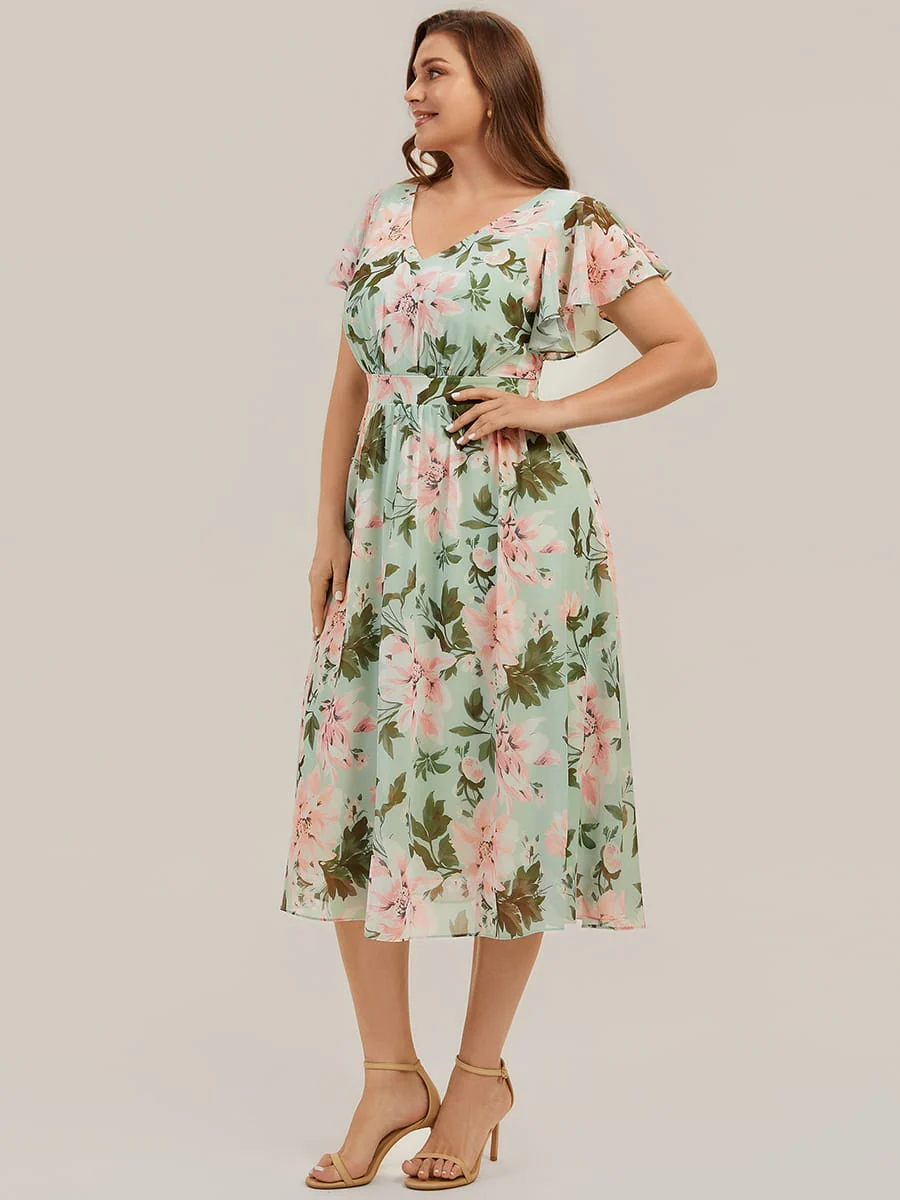 Floral Print Chiffon Ruffle Sleeve A-line Dress - Image 10