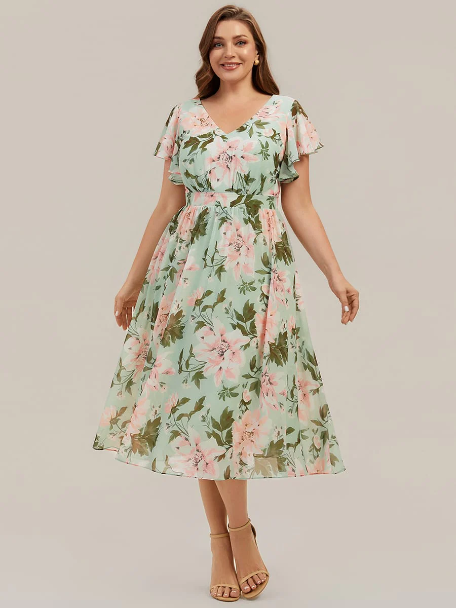 Floral Print Chiffon Ruffle Sleeve A-line Dress - Image 11