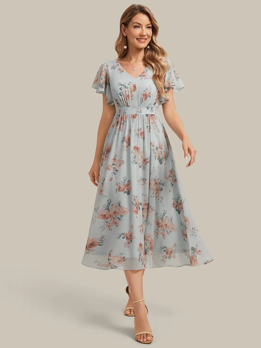 Floral Print Chiffon Ruffle Sleeve A-line Dress - Image 12