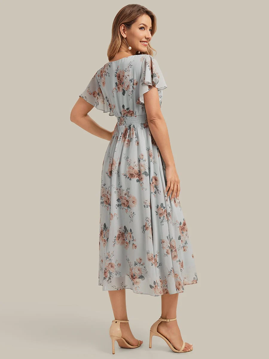 Floral Print Chiffon Ruffle Sleeve A-line Dress - Image 13