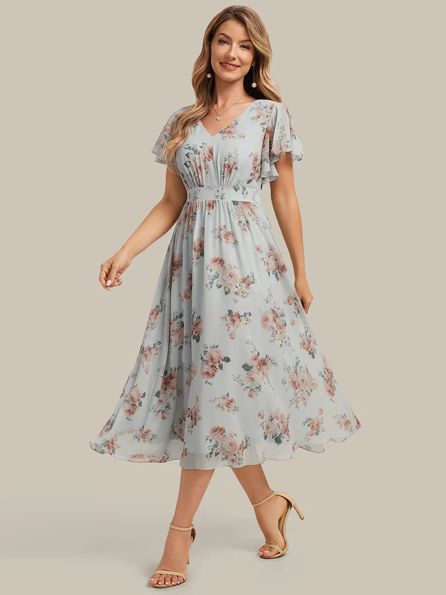 Floral Print Chiffon Ruffle Sleeve A-line Dress - Image 14