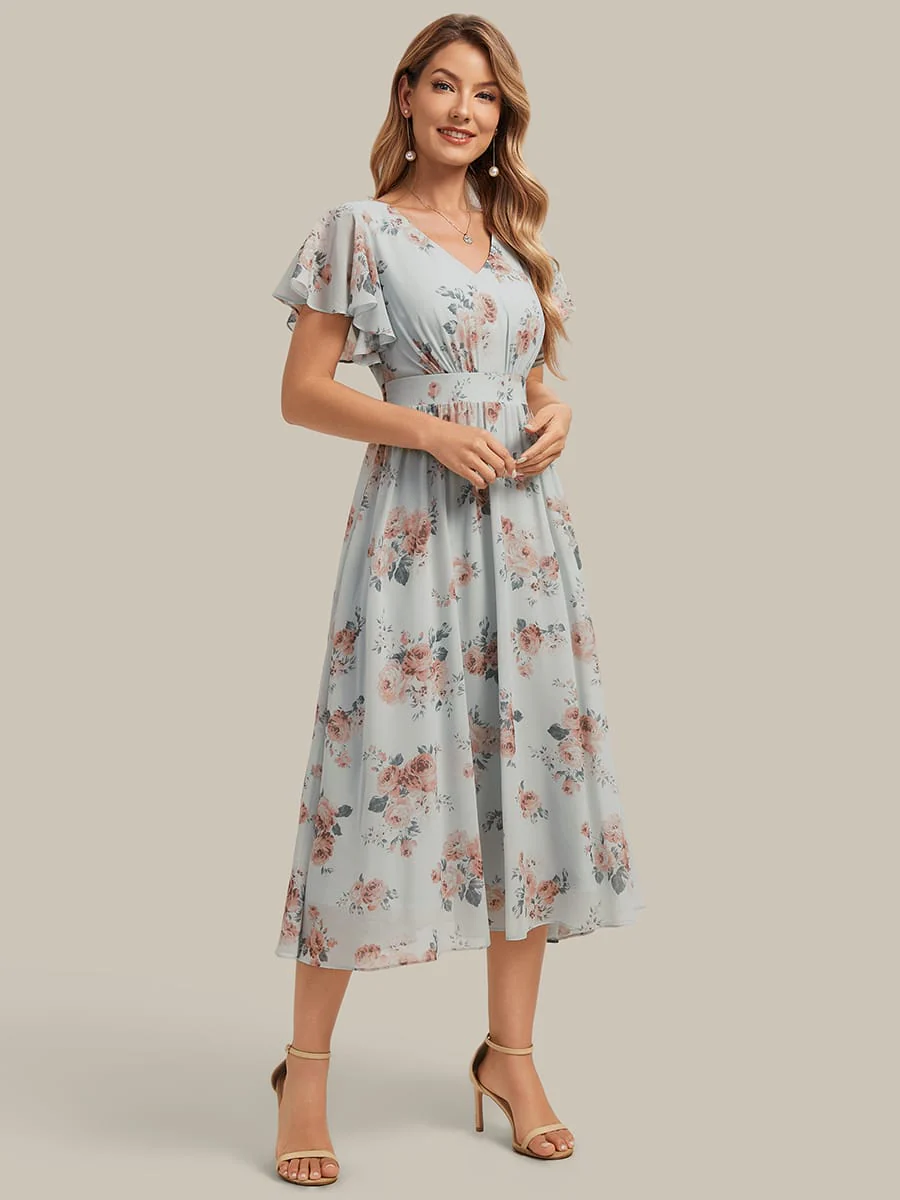 Floral Print Chiffon Ruffle Sleeve A-line Dress - Image 15