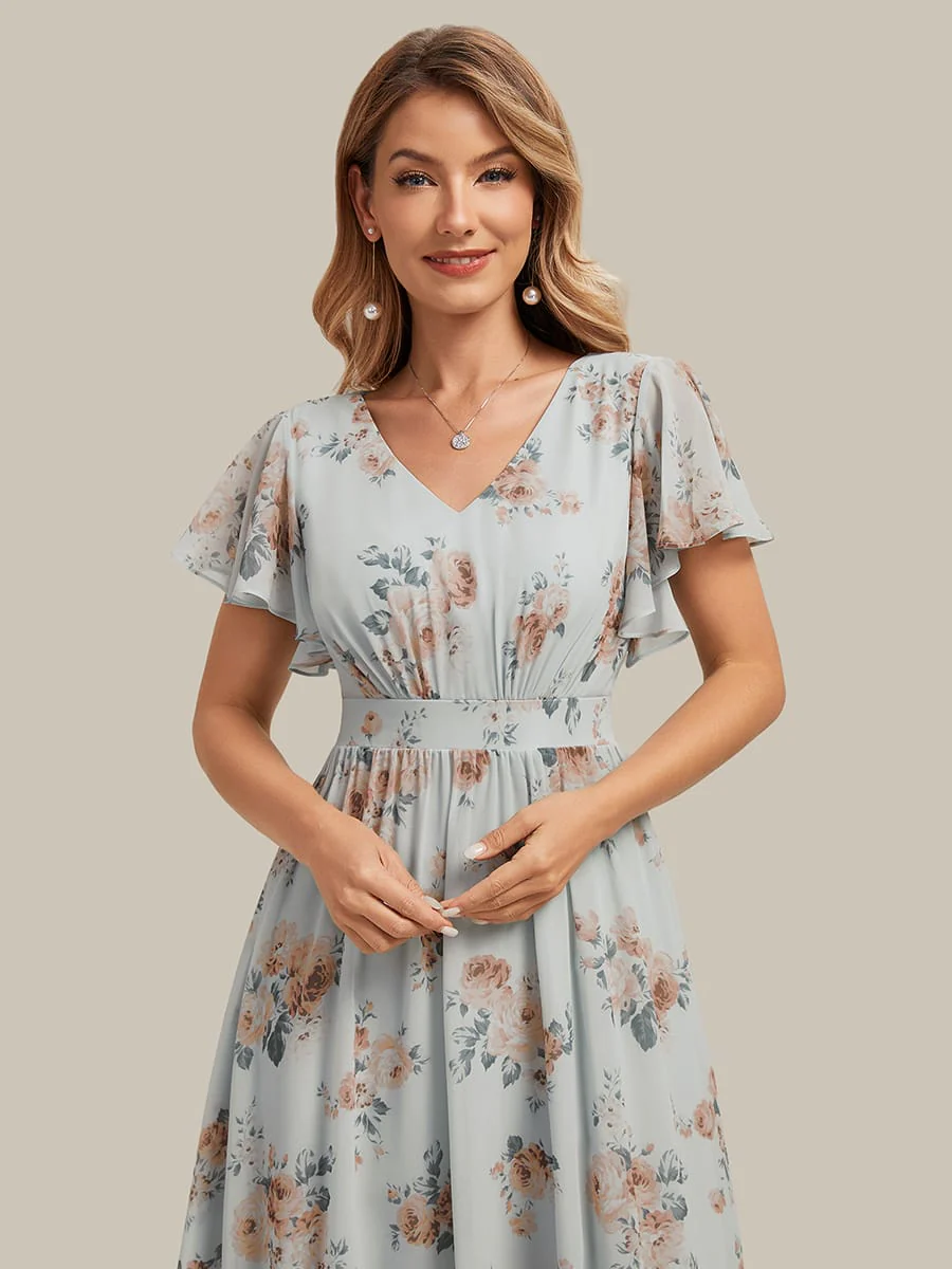 Floral Print Chiffon Ruffle Sleeve A-line Dress - Image 16