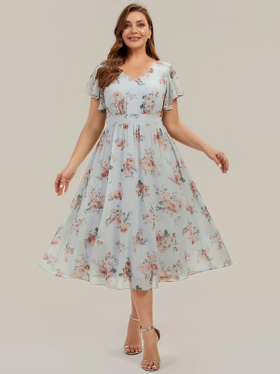 Floral Print Chiffon Ruffle Sleeve A-line Dress - Image 17