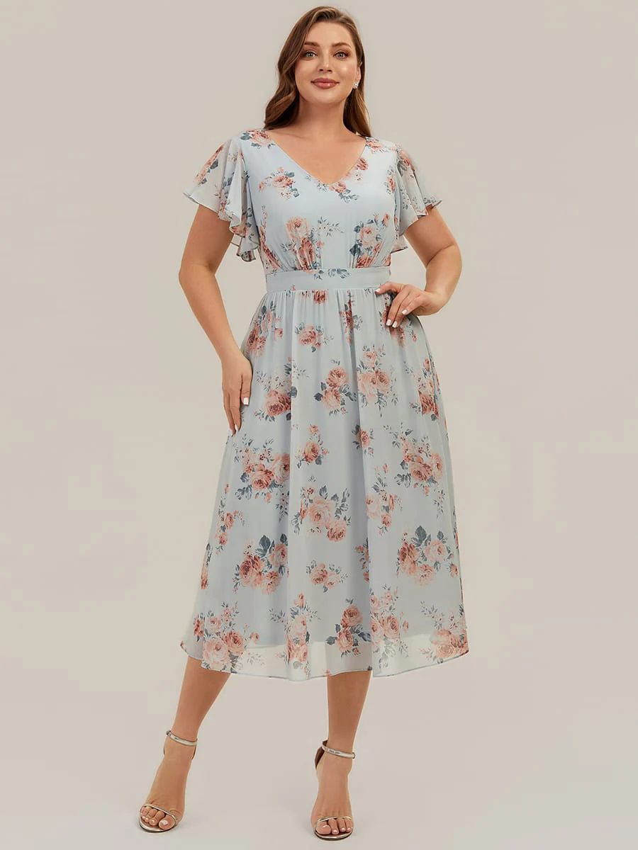 Floral Print Chiffon Ruffle Sleeve A-line Dress - Image 20