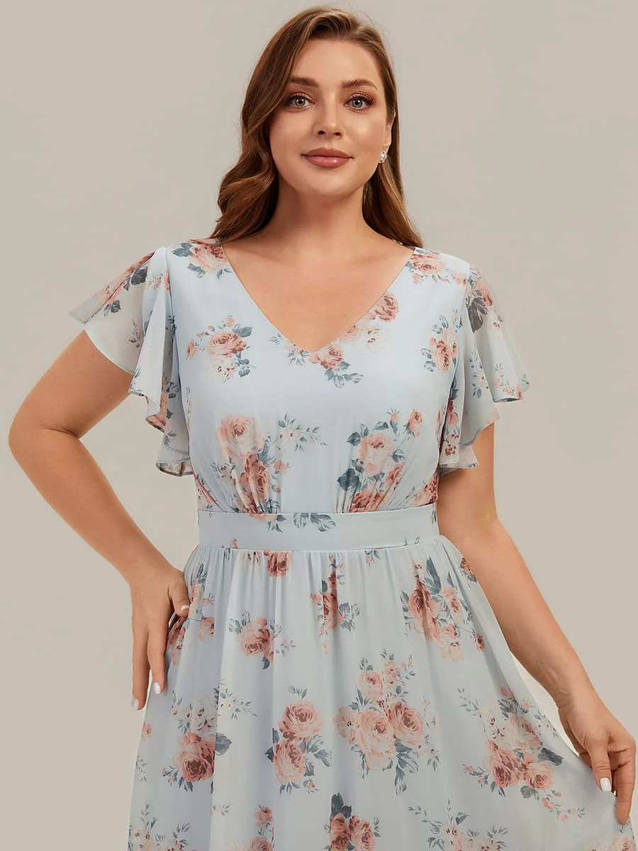 Floral Print Chiffon Ruffle Sleeve A-line Dress - Image 21