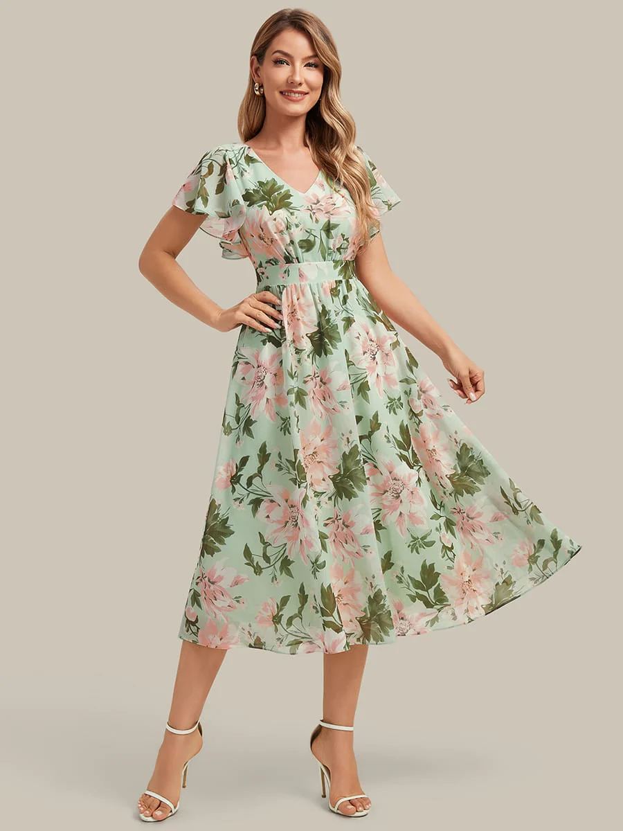 Floral Print Chiffon Ruffle Sleeve A-line Dress - Image 3