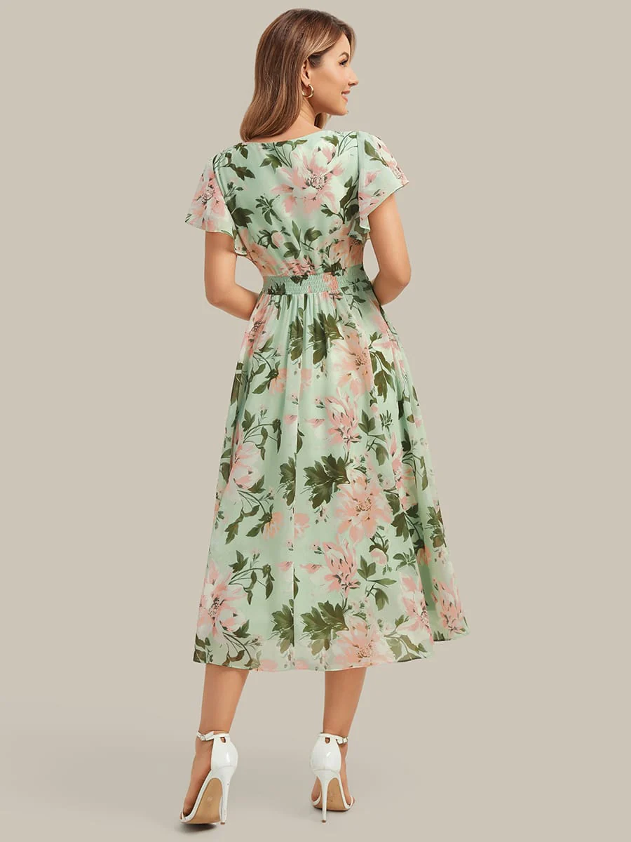 Floral Print Chiffon Ruffle Sleeve A-line Dress - Image 4