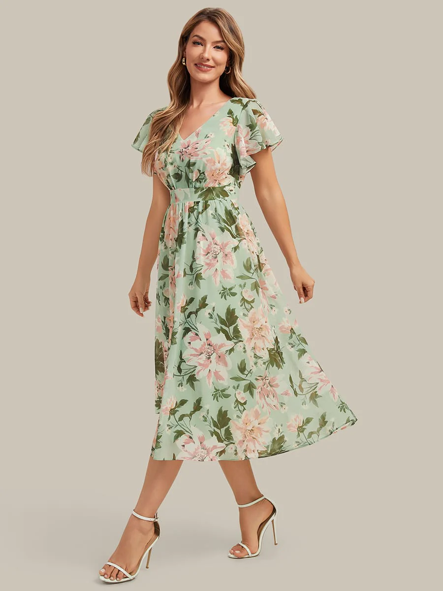 Floral Print Chiffon Ruffle Sleeve A-line Dress - Image 6