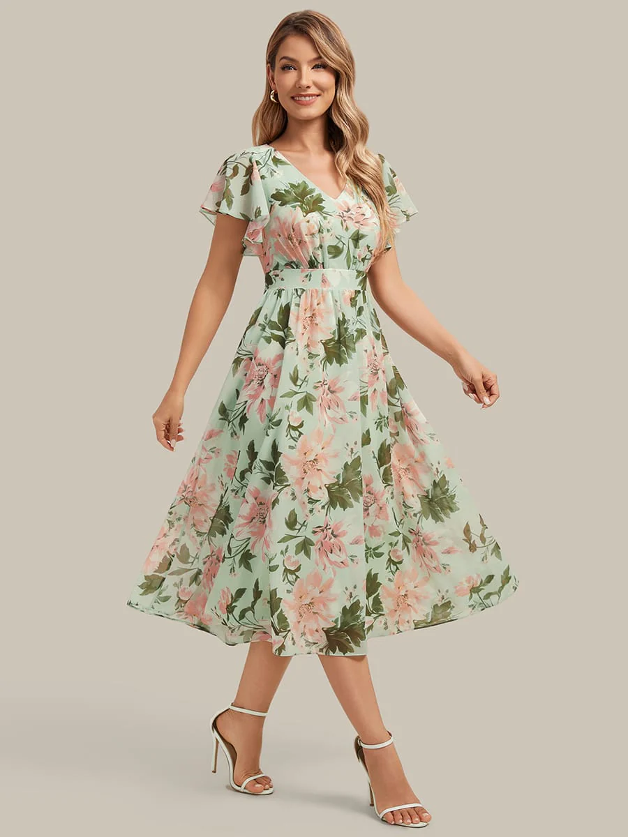 Floral Print Chiffon Ruffle Sleeve A-line Dress - Image 7
