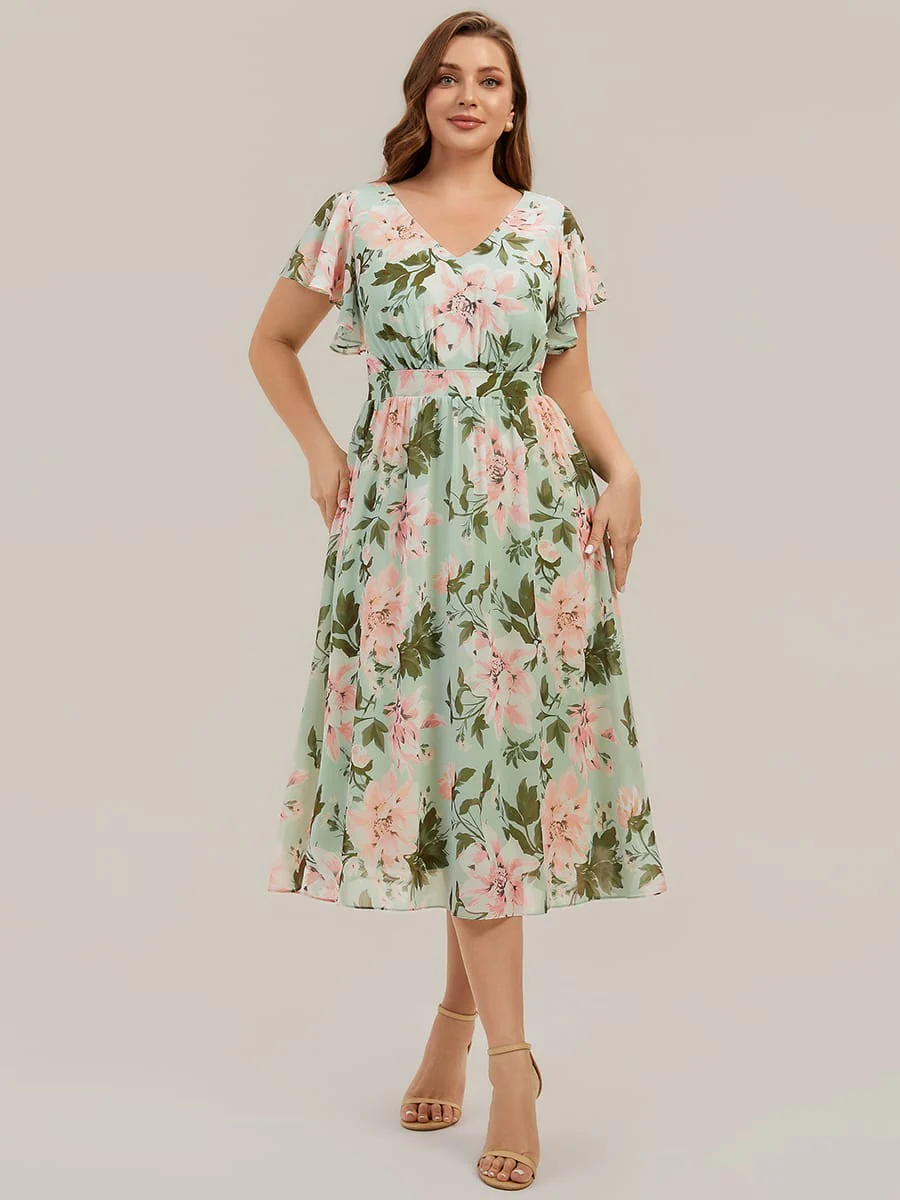 Floral Print Chiffon Ruffle Sleeve A-line Dress - Image 8