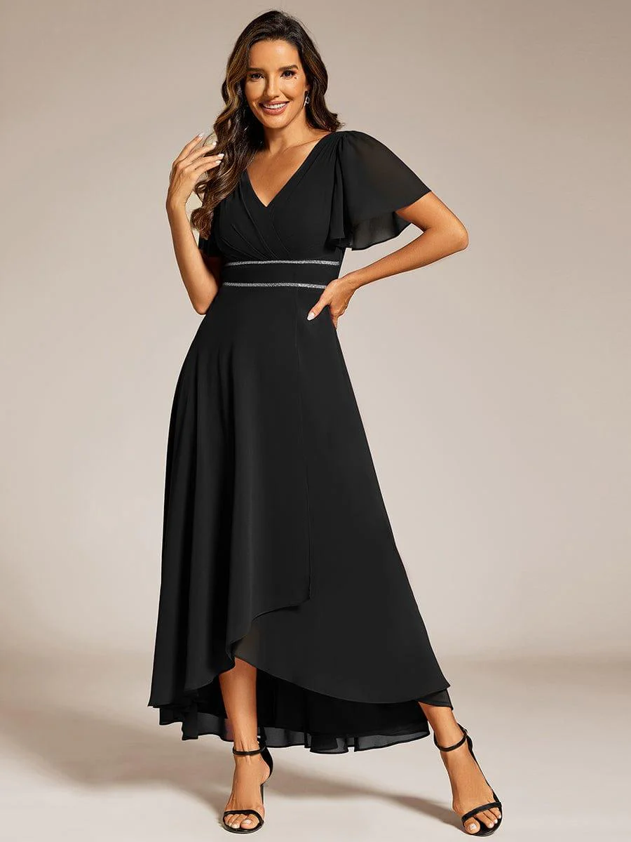 ever DAKOTA|Chiffon Ruffle Sleeves Rhinestone Waist High-Low Wedding Guest Dress - Image 2