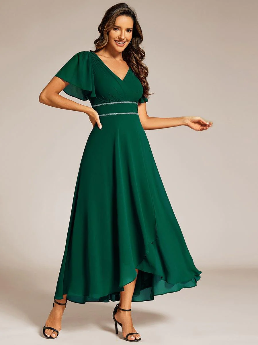 ever DAKOTA|Chiffon Ruffle Sleeves Rhinestone Waist High-Low Wedding Guest Dress - Image 3