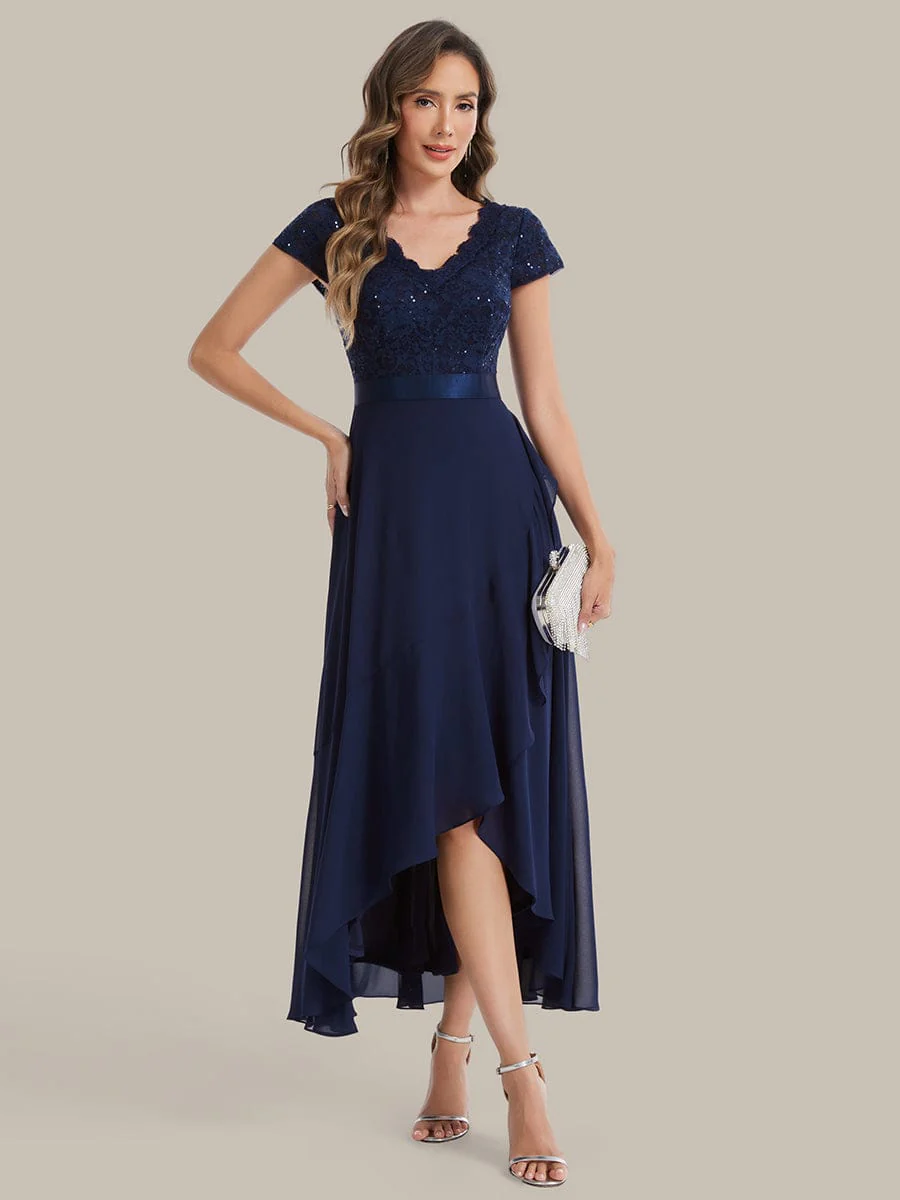 Deep V-Neck Chiffon Cap Sleeve Dress - Image 12