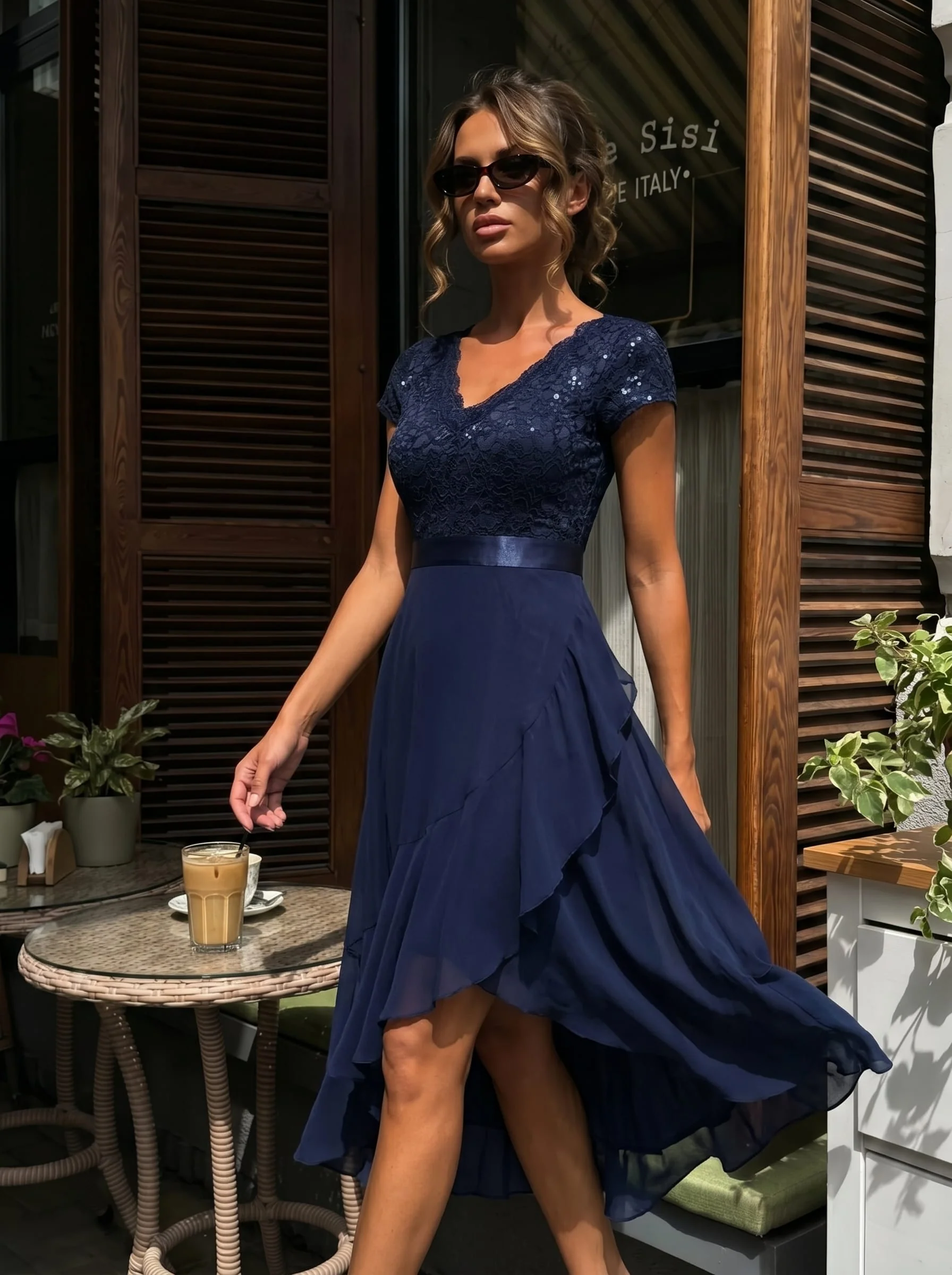 Deep V-Neck Chiffon Cap Sleeve Dress - Image 14