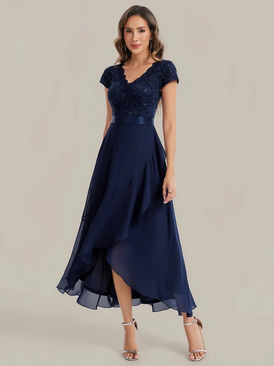 Deep V-Neck Chiffon Cap Sleeve Dress - Image 16