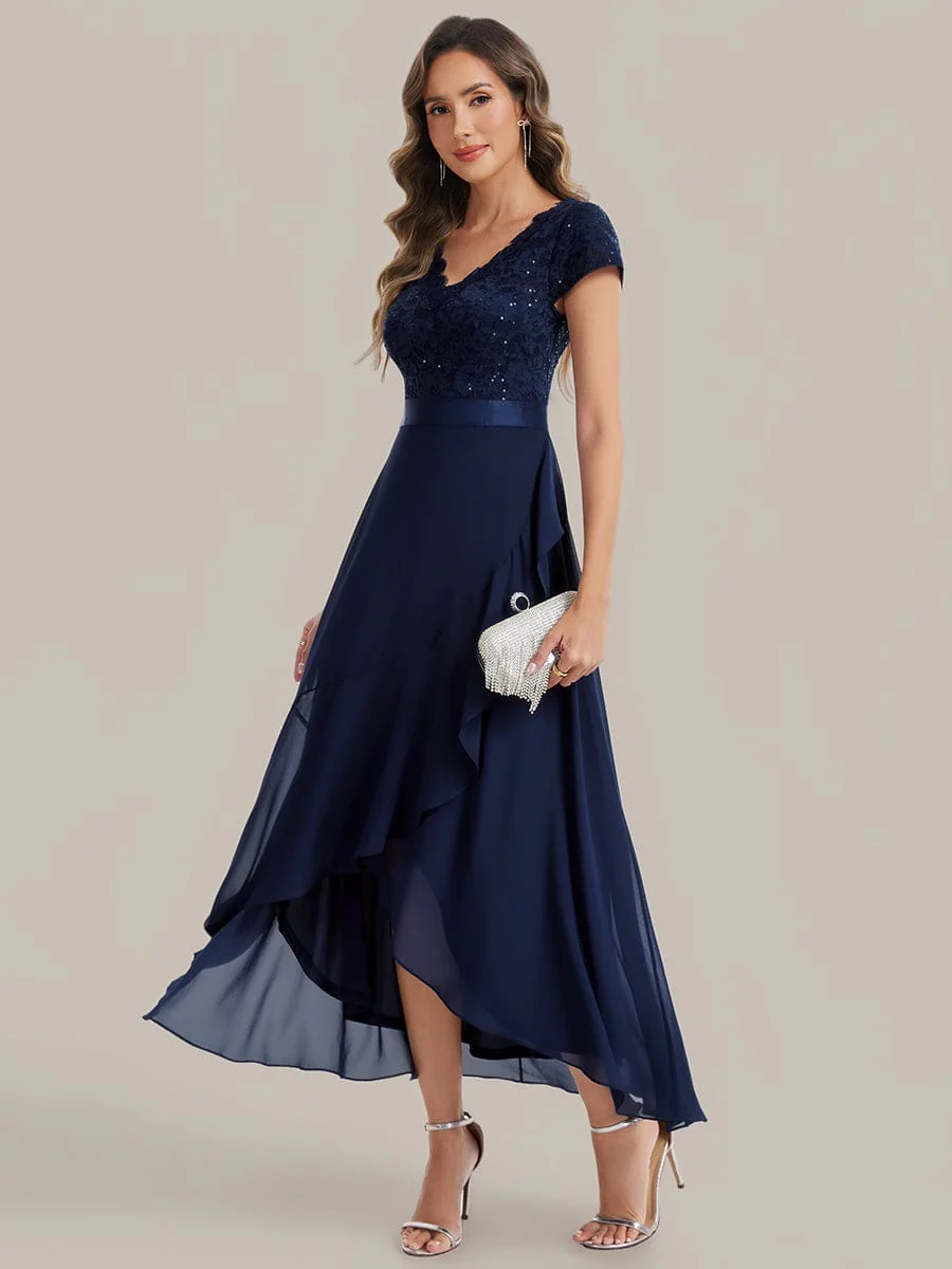 Deep V-Neck Chiffon Cap Sleeve Dress - Image 17