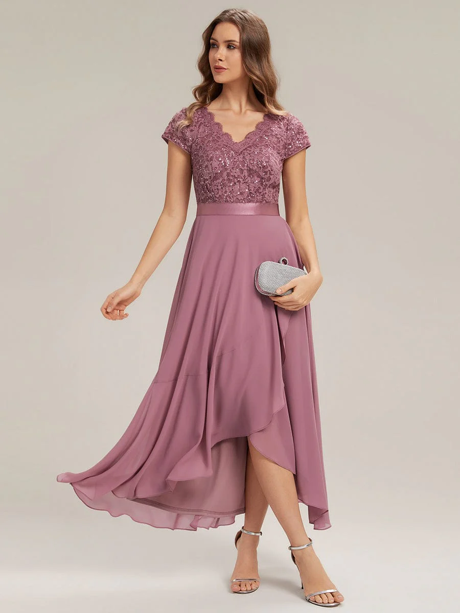 Deep V-Neck Chiffon Cap Sleeve Dress - Image 23
