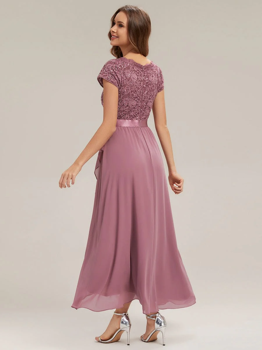 Deep V-Neck Chiffon Cap Sleeve Dress - Image 24
