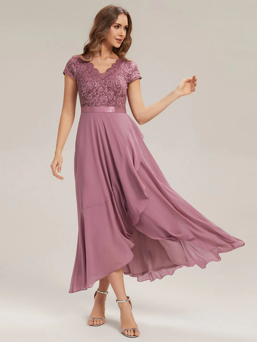 Deep V-Neck Chiffon Cap Sleeve Dress - Image 26