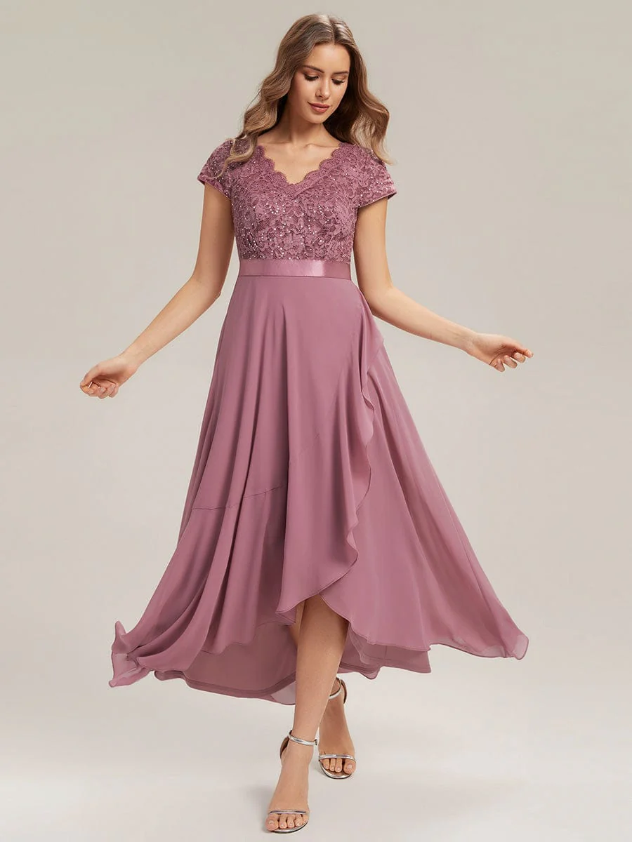 Deep V-Neck Chiffon Cap Sleeve Dress - Image 27