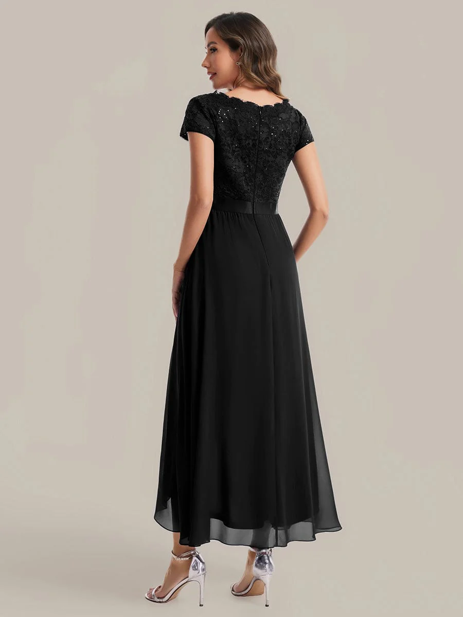 Deep V-Neck Chiffon Cap Sleeve Dress - Image 3