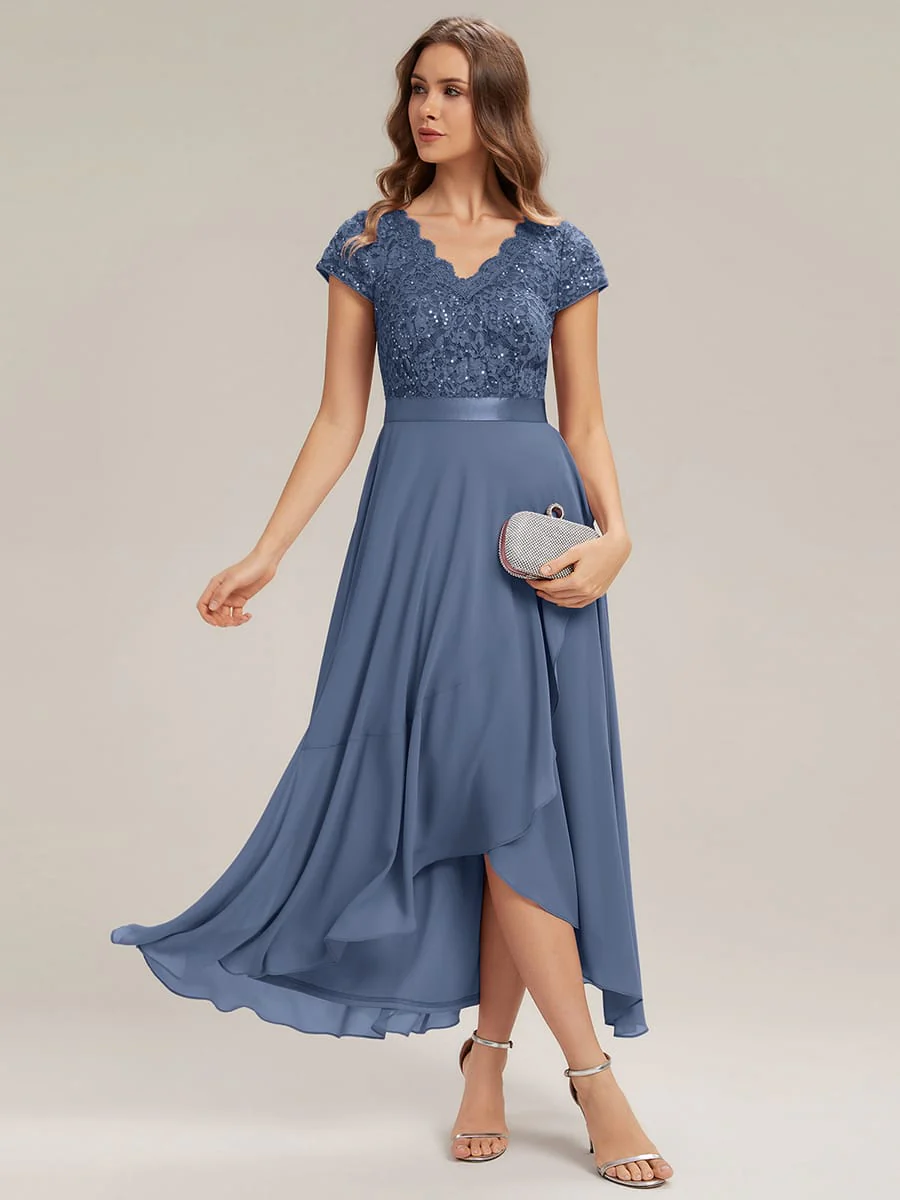 Deep V-Neck Chiffon Cap Sleeve Dress - Image 33
