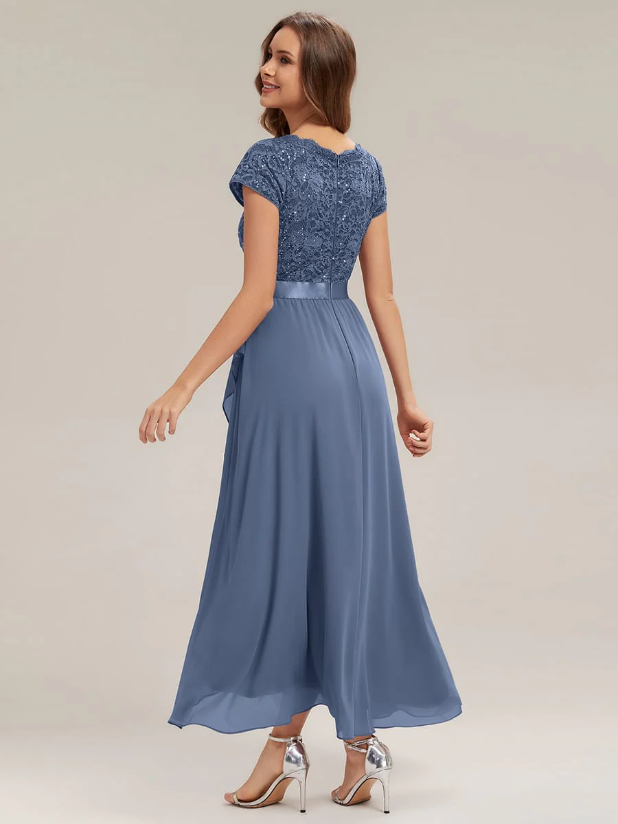 Deep V-Neck Chiffon Cap Sleeve Dress - Image 34