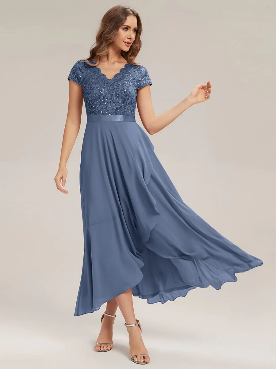 Deep V-Neck Chiffon Cap Sleeve Dress - Image 35
