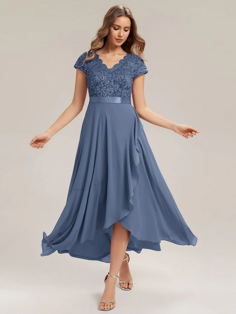 Deep V-Neck Chiffon Cap Sleeve Dress - Image 36