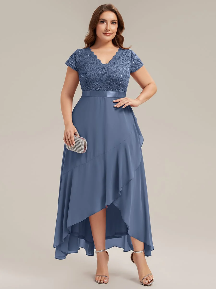 Deep V-Neck Chiffon Cap Sleeve Dress - Image 38