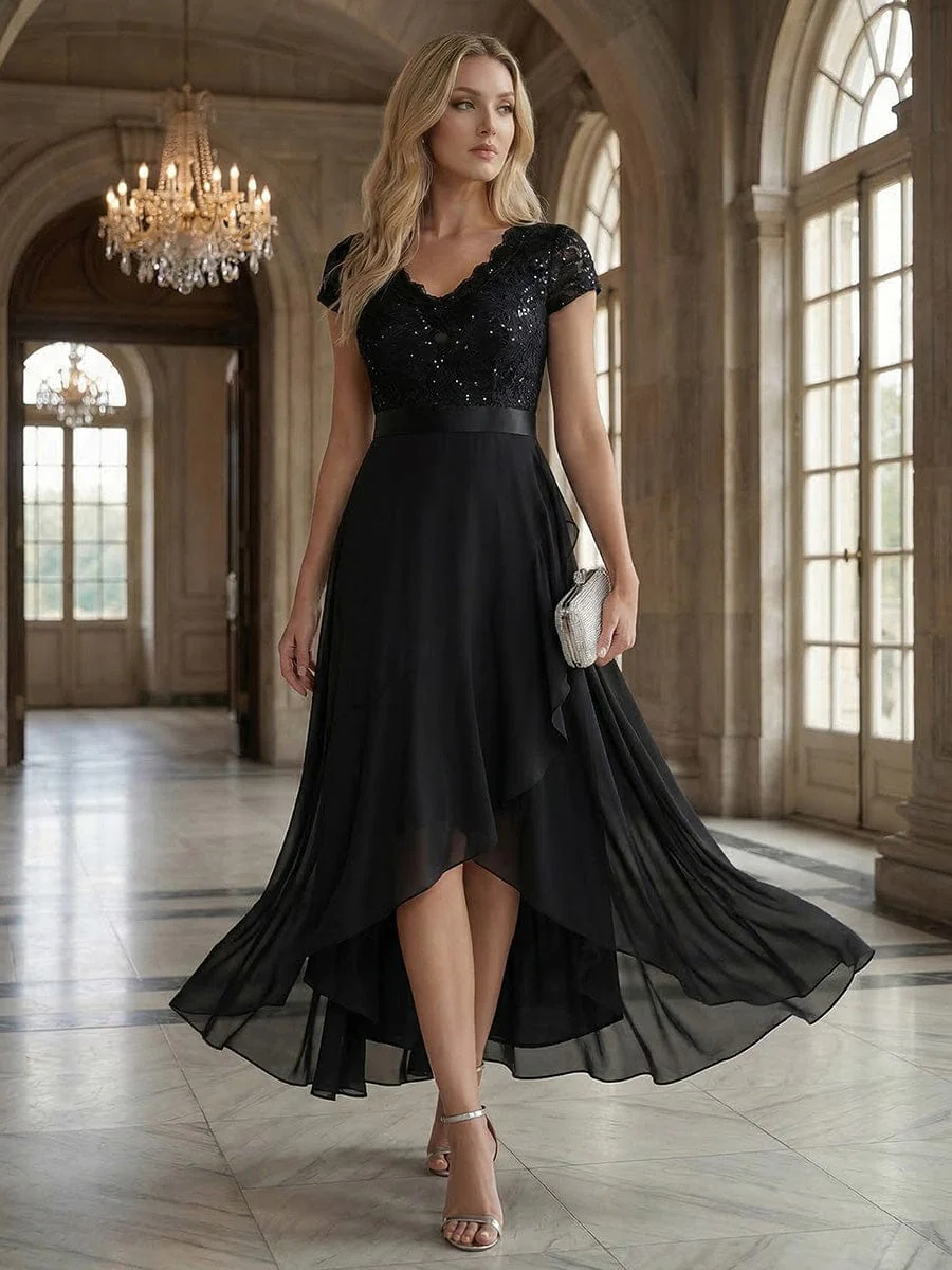 Deep V-Neck Chiffon Cap Sleeve Dress - Image 4