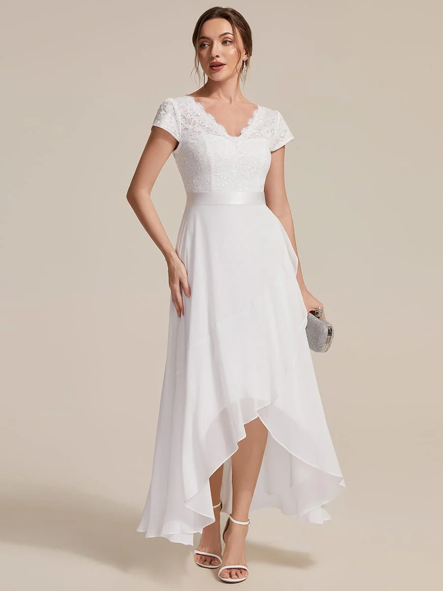 Deep V-Neck Chiffon Cap Sleeve Dress - Image 46
