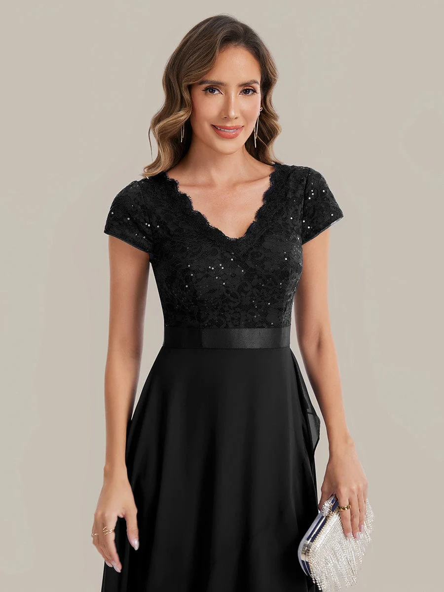 Deep V-Neck Chiffon Cap Sleeve Dress - Image 5