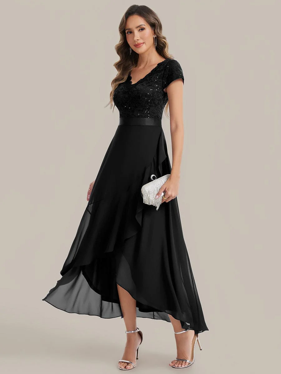Deep V-Neck Chiffon Cap Sleeve Dress - Image 6
