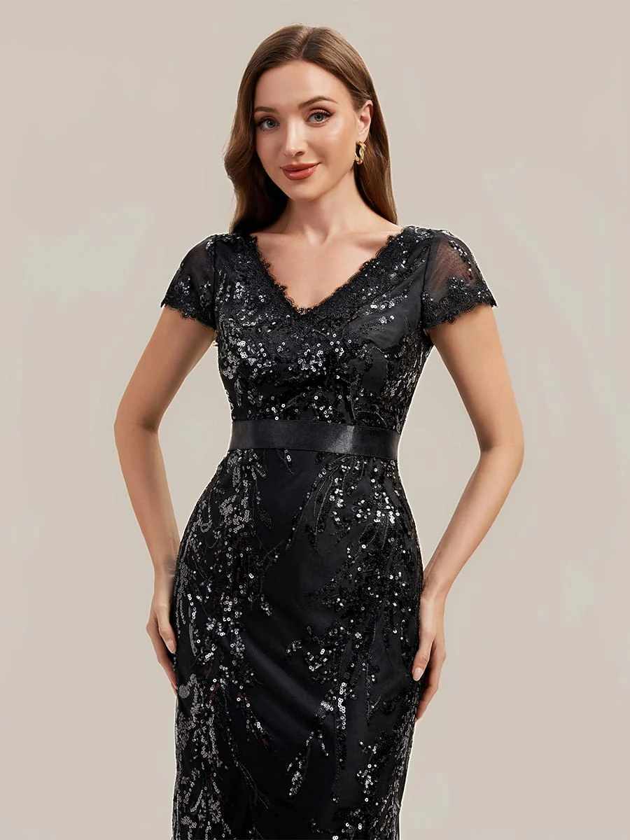 Deep V-Neck Sequin Cap Sleeve Dress - Image 3