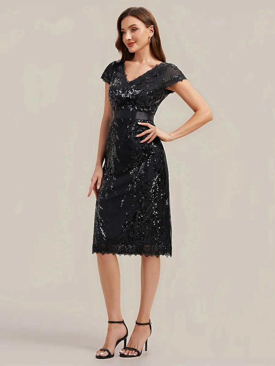 Deep V-Neck Sequin Cap Sleeve Dress - Image 4