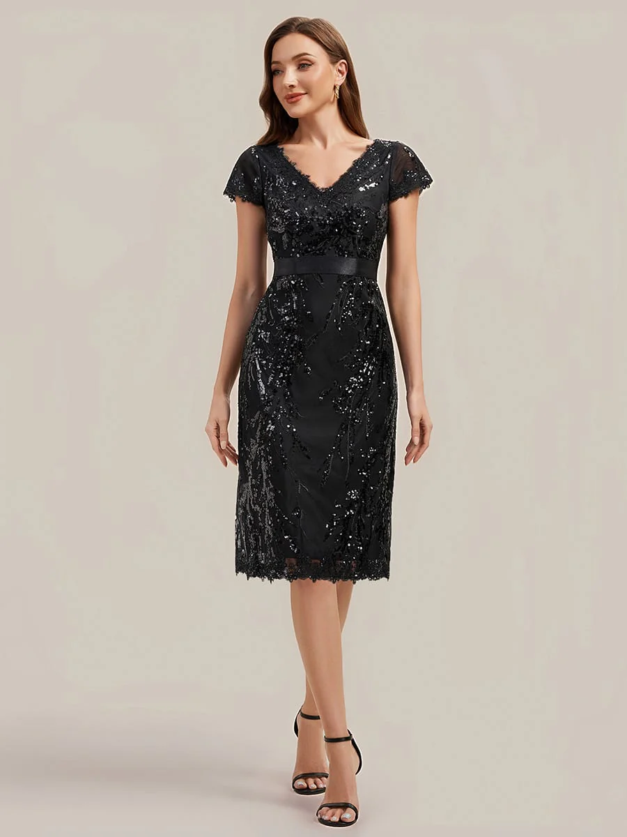 Deep V-Neck Sequin Cap Sleeve Dress - Image 5