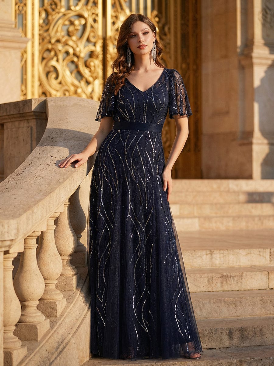 ever VEDA|Deep V-Neck Sequin Ruffle Sleeve Dress - Image 3