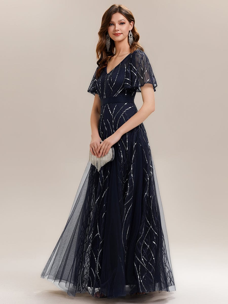 ever VEDA|Deep V-Neck Sequin Ruffle Sleeve Dress - Image 9