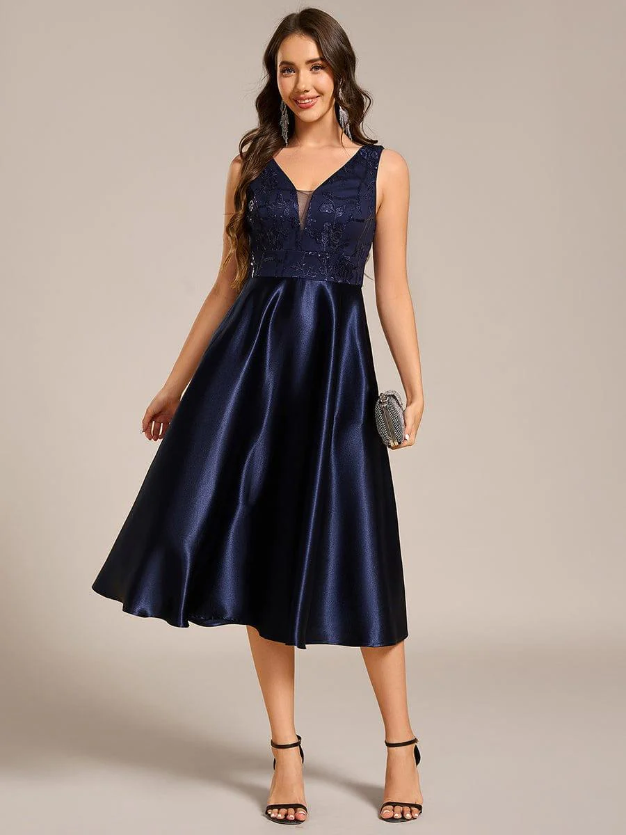 ever DELYN | Deep V Sequin Satin Sleeveless Midi Guest Dress - Image 10