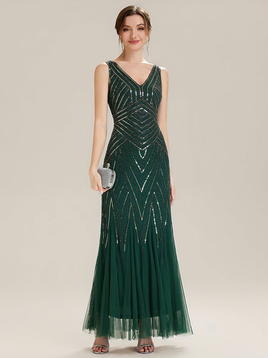 ever GLAMOUR|Deep V-Neck Sequin Sleeveless Dress