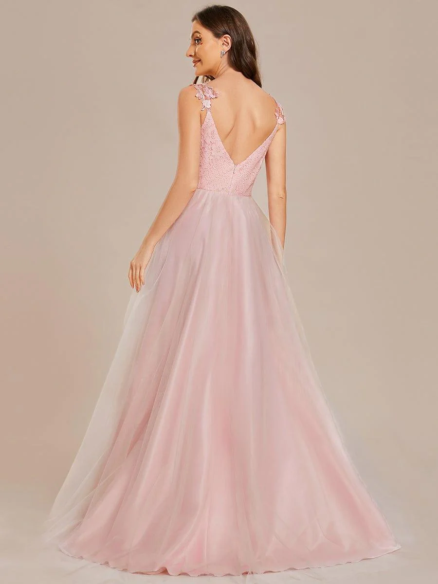 Double V Neck Lace Bodice Floor Length Tulle Wedding Dress - Image 11