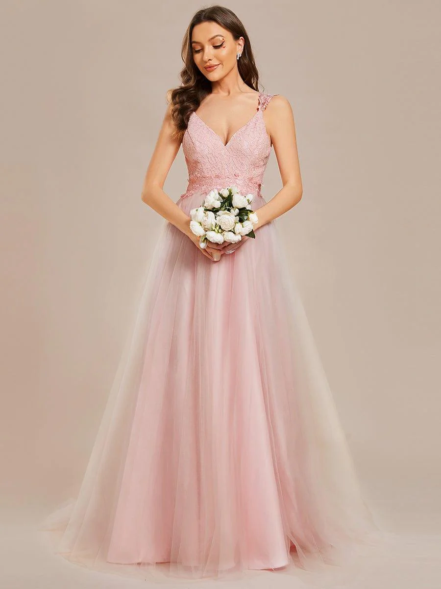 Double V Neck Lace Bodice Floor Length Tulle Wedding Dress - Image 14